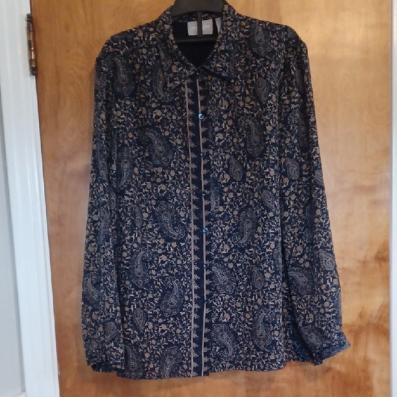 Liz Claiborne Tops - Liz Claiborne Long Sleeve Blouse Sz16.  Paisley Floral Navy, Brown & Tan. EUC!